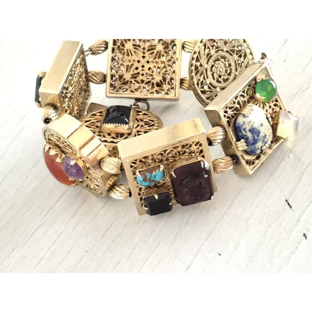 Vintage Kafin New York Chunky Ornate Multi-color Stone Panel Bracelet